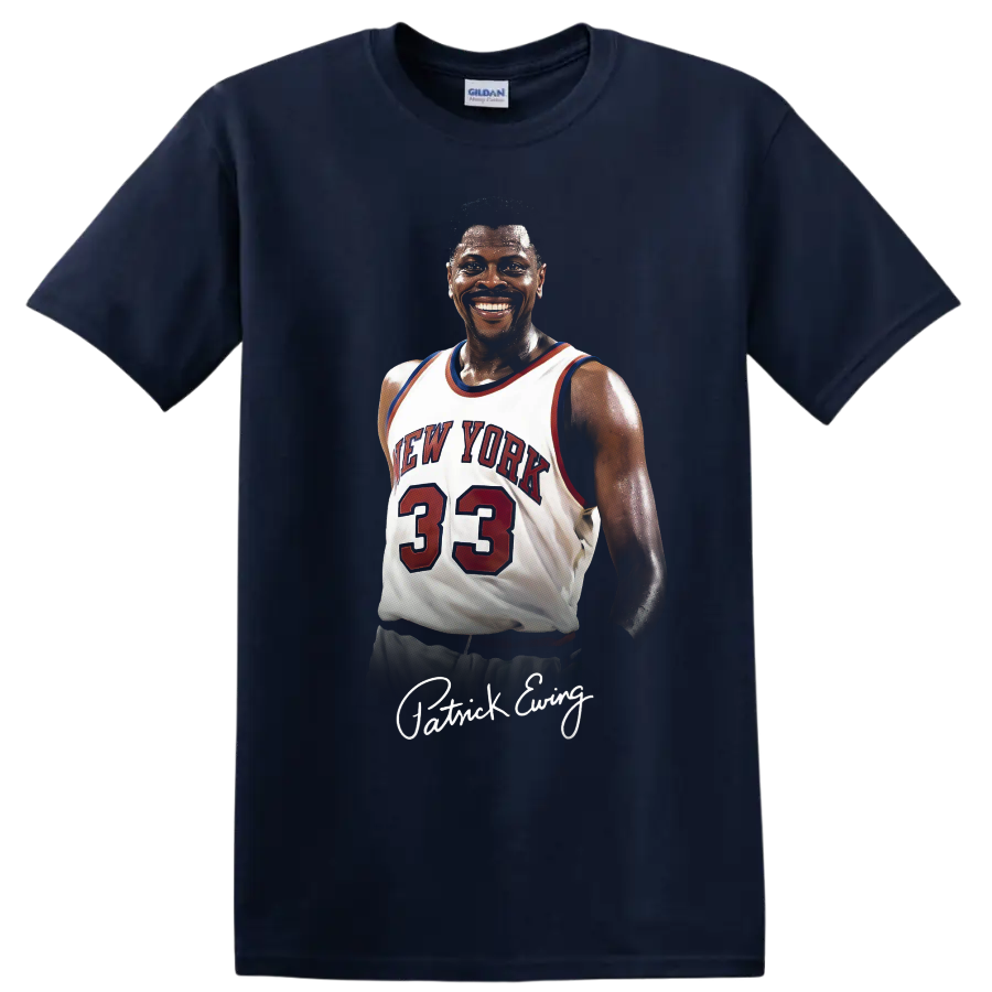 Patrick Ewing New York Knicks number 33 basketball portrait with signature-style name on a Navy (Blue) T Shirt