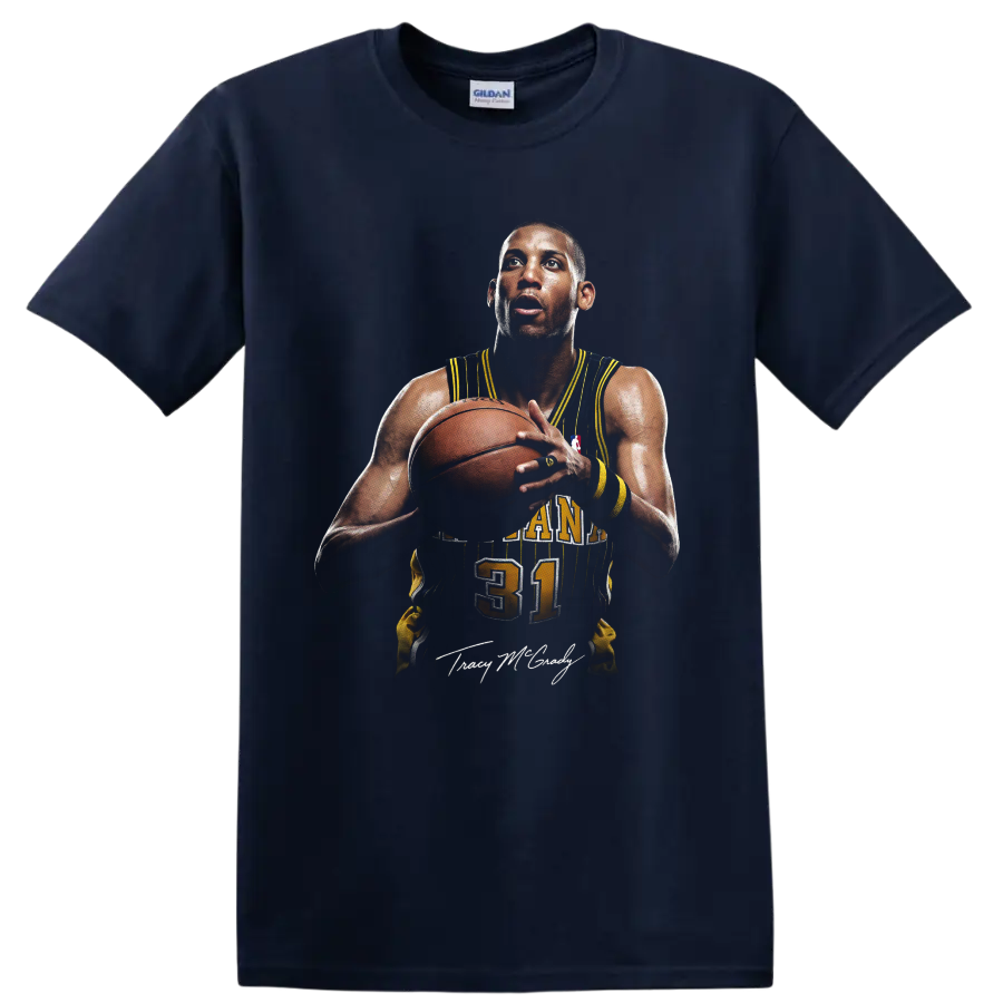 Reggie Miller Indiana Pacers number 31 basketball portrait with signature-style detail on a Navy (Blue) T Shirt