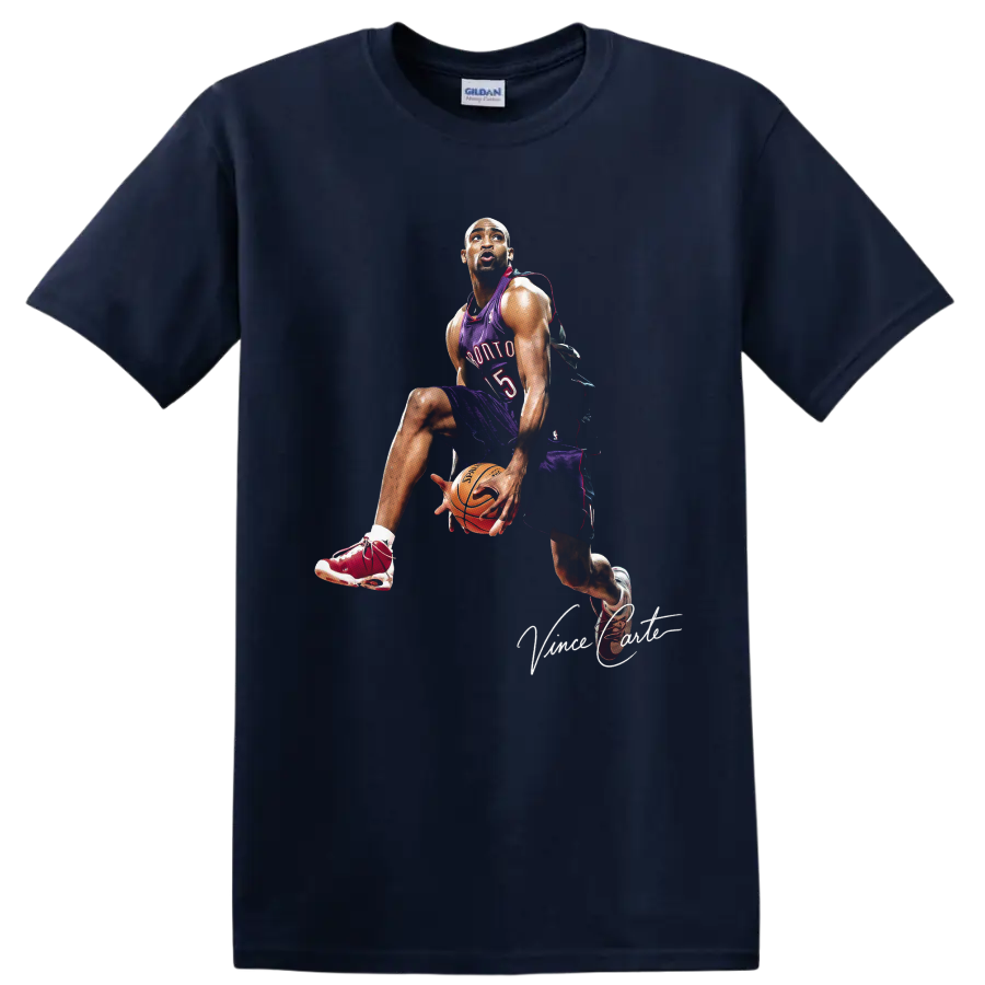 Vince Carter in Toronto Raptors number 15 uniform with basketball and signature graphic on a Navy (Blue) T Shirt