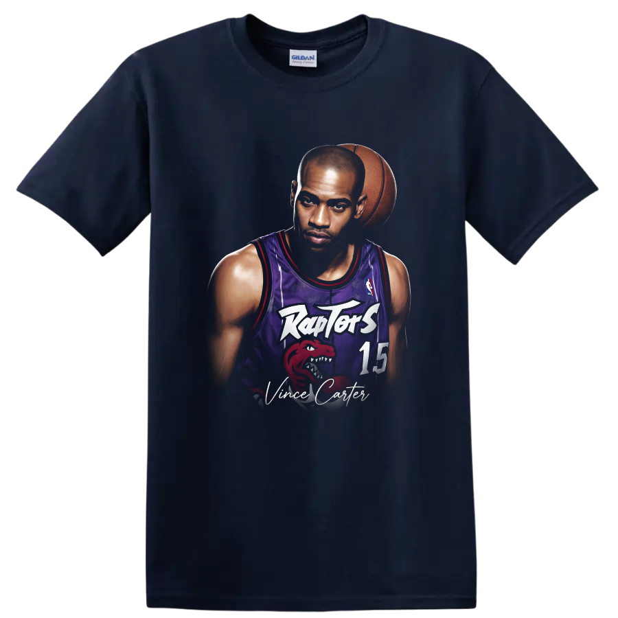Vince Carter Toronto Raptors basketball portrait with number 15 jersey and signature text on a Navy (Blue) T Shirt