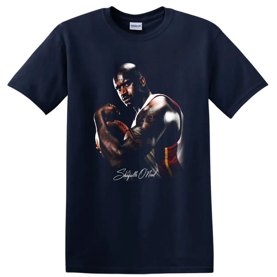 Shaquille O'Neal Miami Heat basketball portrait with a ball and signature-style text on a Navy (Blue) T Shirt