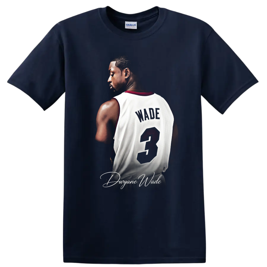 Dwyane Wade Miami Heat number 3 jersey portrait with distressed lettering and signature on a Navy (Blue) T Shirt