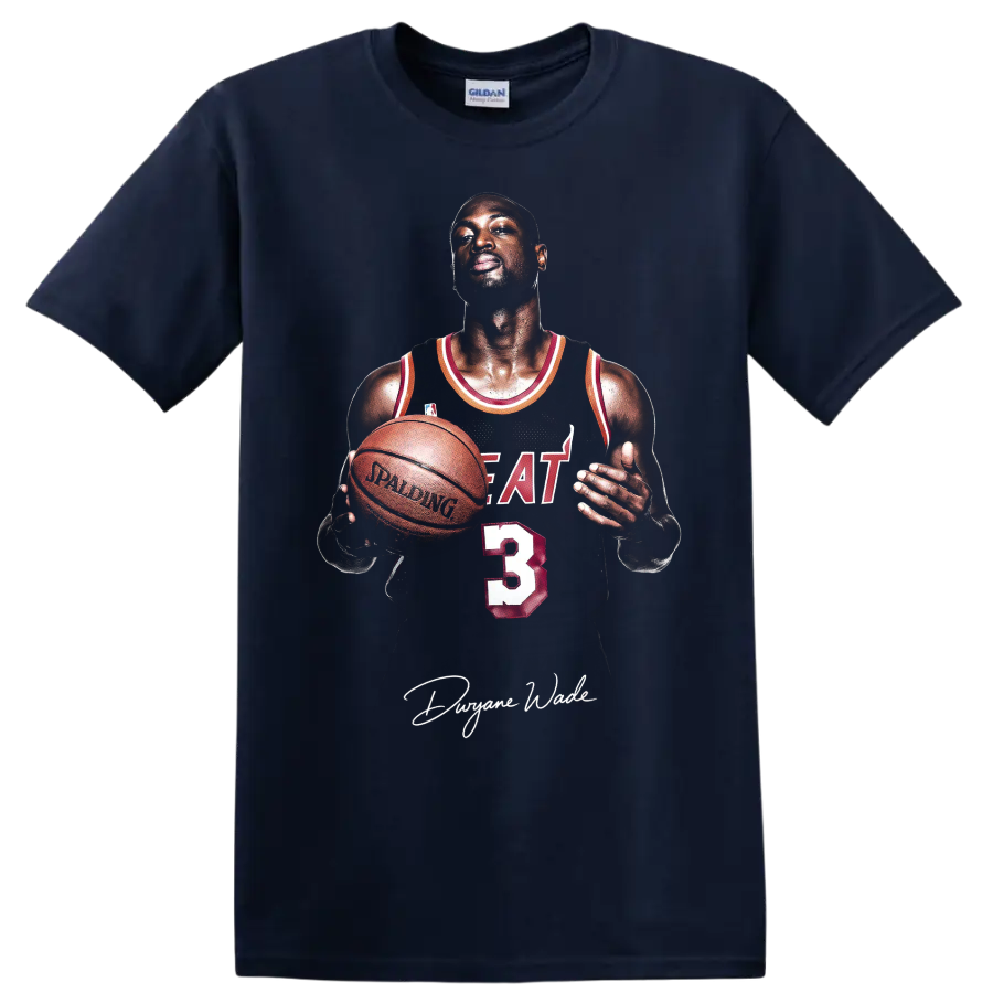 Dwyane Wade Miami Heat number 3 basketball portrait with signature-style graphic on a Navy (Blue) T Shirt