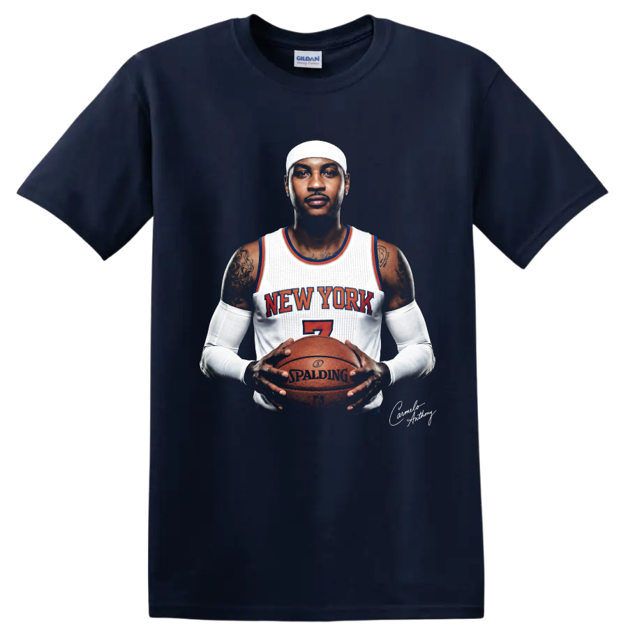 Carmelo Anthony New York number 7 basketball portrait holding a game ball on a Navy (Blue) T Shirt