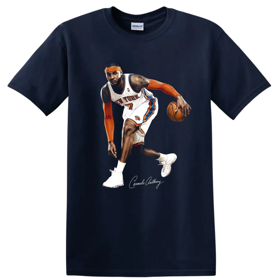 Carmelo Anthony New York Knicks dribbling basketball action illustration with signature on a Navy (Blue) T Shirt