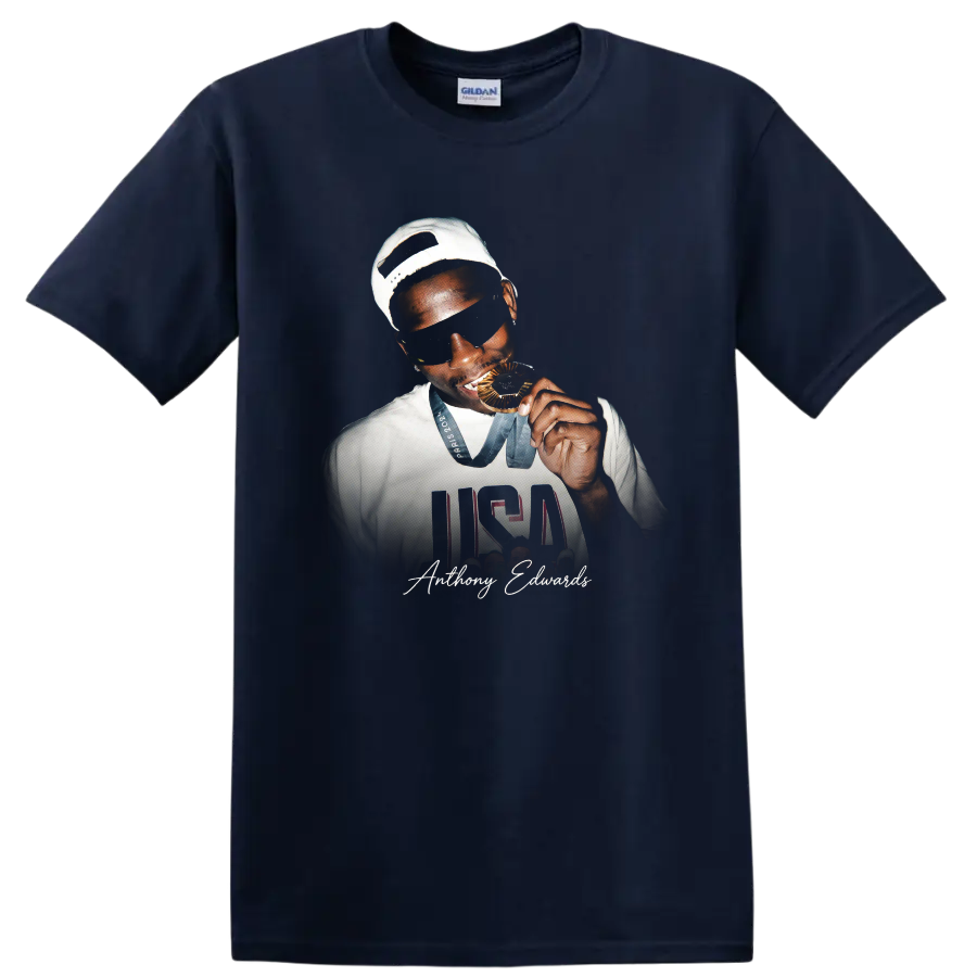 Anthony Edwards Team USA medal portrait with USA jersey graphic and signature on a Navy (Blue) T Shirt