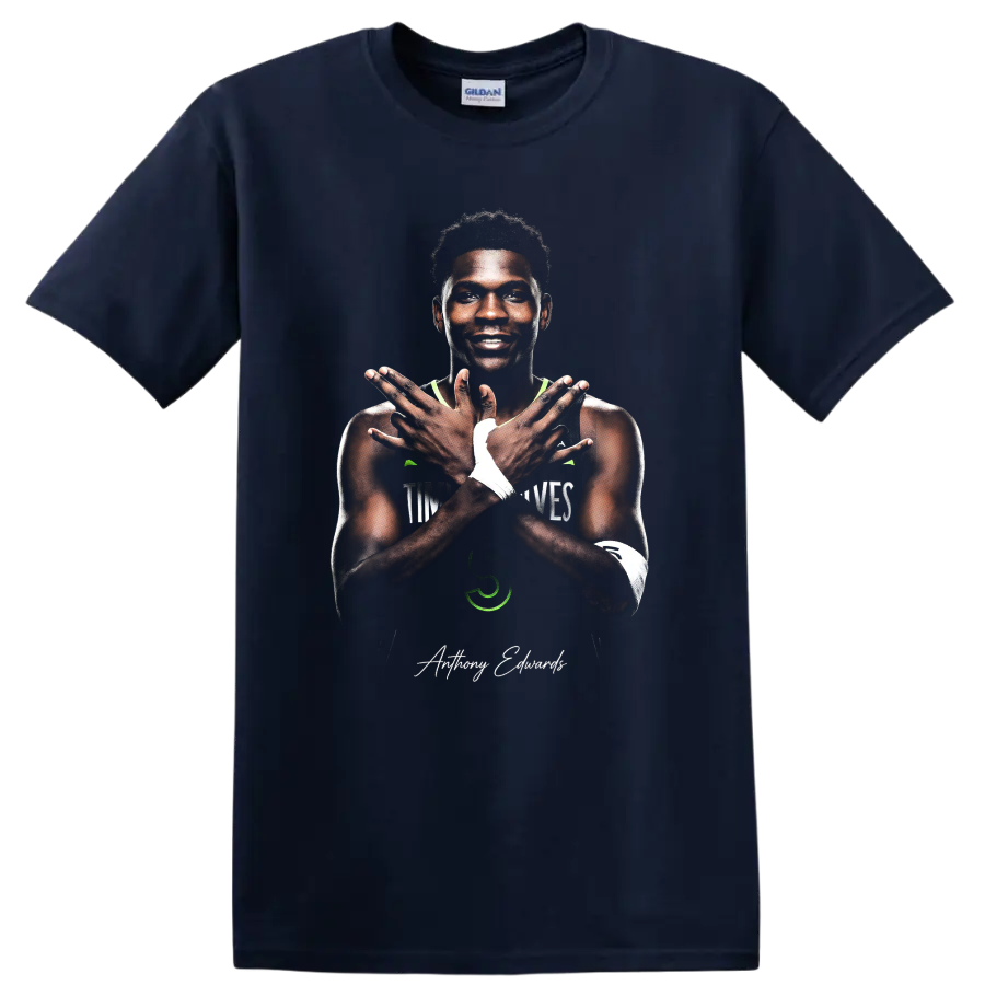 Anthony Edwards crossed-arms basketball portrait with Minnesota Timberwolves accents on a Navy (Blue) T Shirt