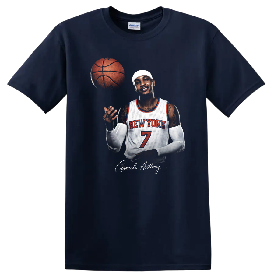 Carmelo Anthony New York Knicks number 7 basketball portrait with floating ball on a Navy (Blue) T Shirt