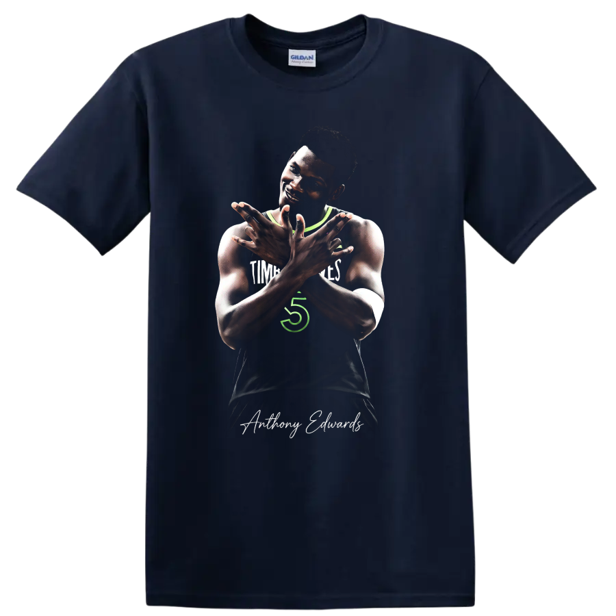 Anthony Edwards Minnesota Timberwolves crossed-arm basketball portrait with signature on a Navy (Blue) T Shirt
