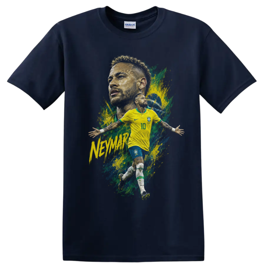 Neymar Brazil soccer player action graphic print on a Navy (Blue) T Shirt