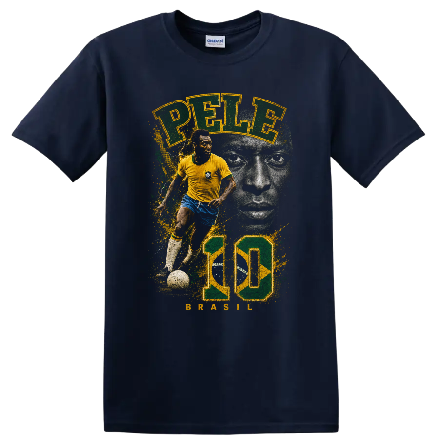 Pelé Brazil soccer graphic print with action pose and grayscale portrait on a Navy (Blue) T Shirt