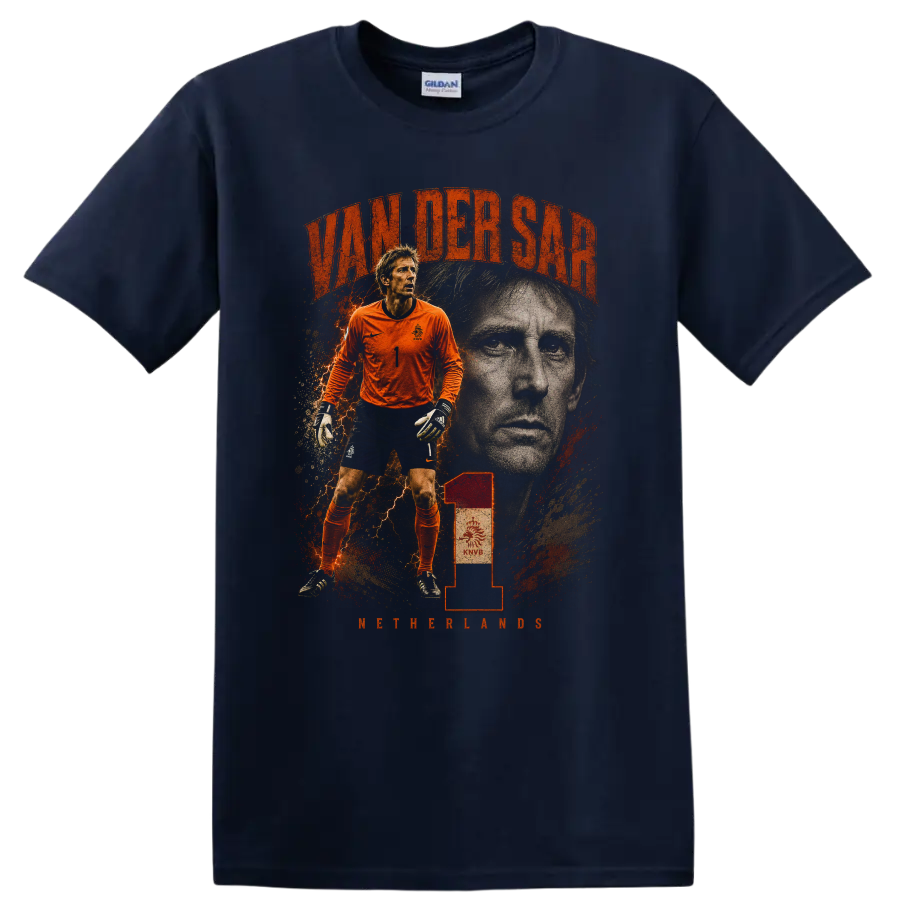 Edwin van der Sar Netherlands goalkeeper vintage soccer graphic on a Navy (Blue) T Shirt