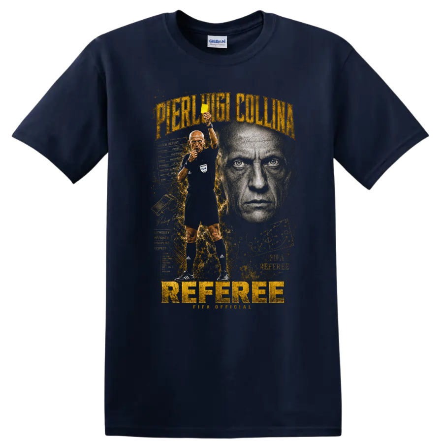 Pierluigi Collina referee portrait with yellow card and bold gold typography on a Navy (Blue) T Shirt