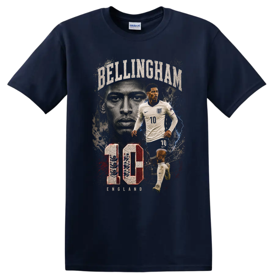 Jude Bellingham soccer action portrait with BELLINGHAM text and number 10 on a Navy (Blue) T Shirt