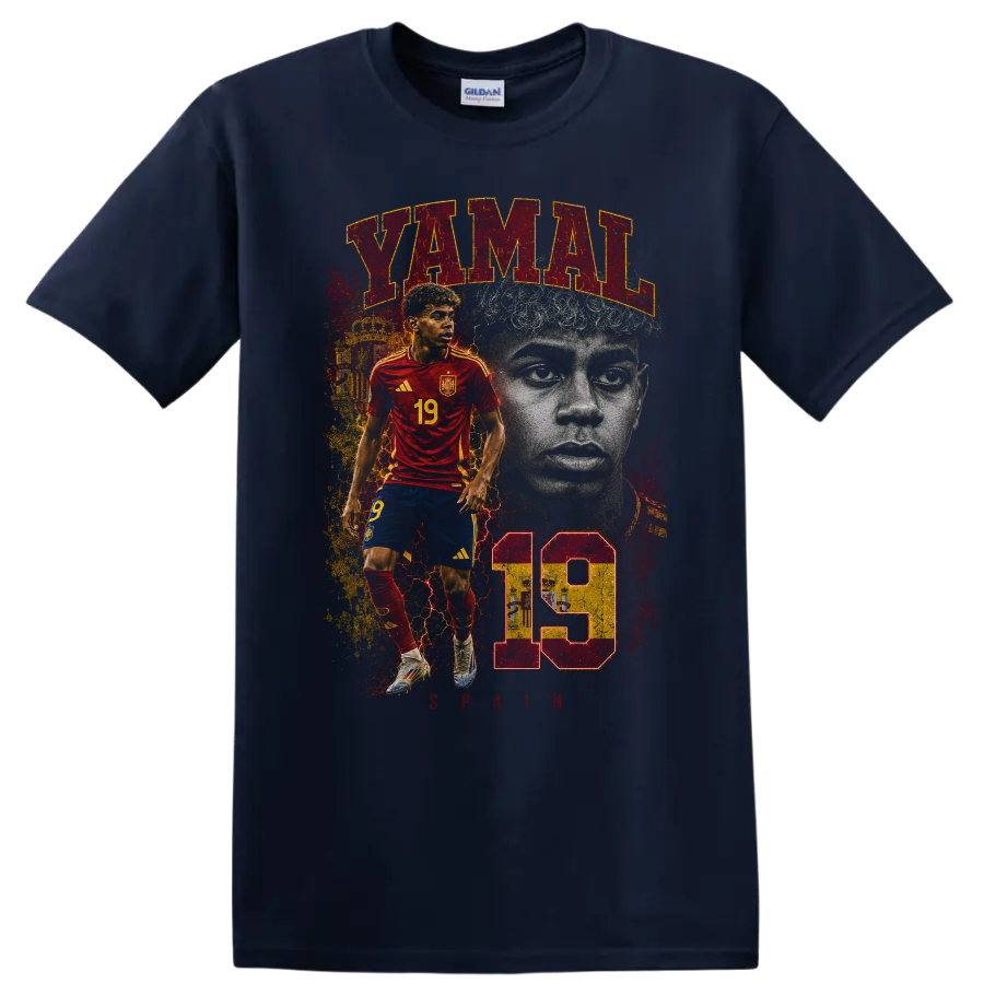 Lamine Yamal soccer portrait graphic with YAMAL and number 19 on a Navy (Blue) T Shirt