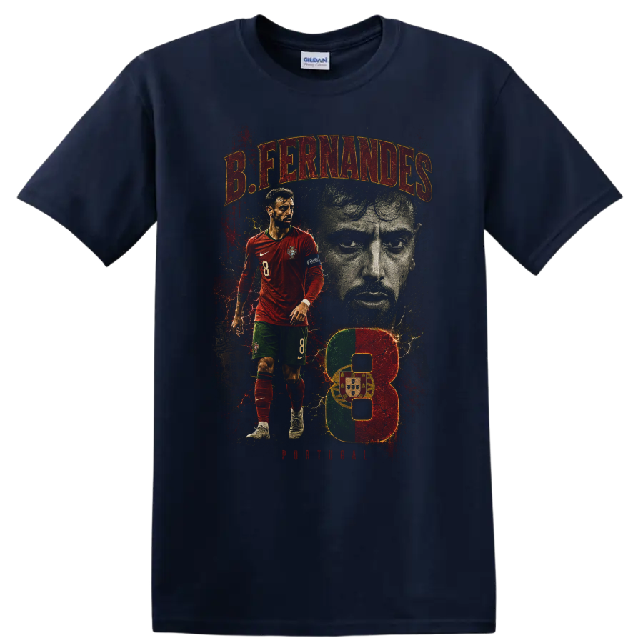 Bruno Fernandes Portugal soccer action portrait with number 8 graphic on a Navy (Blue) T Shirt