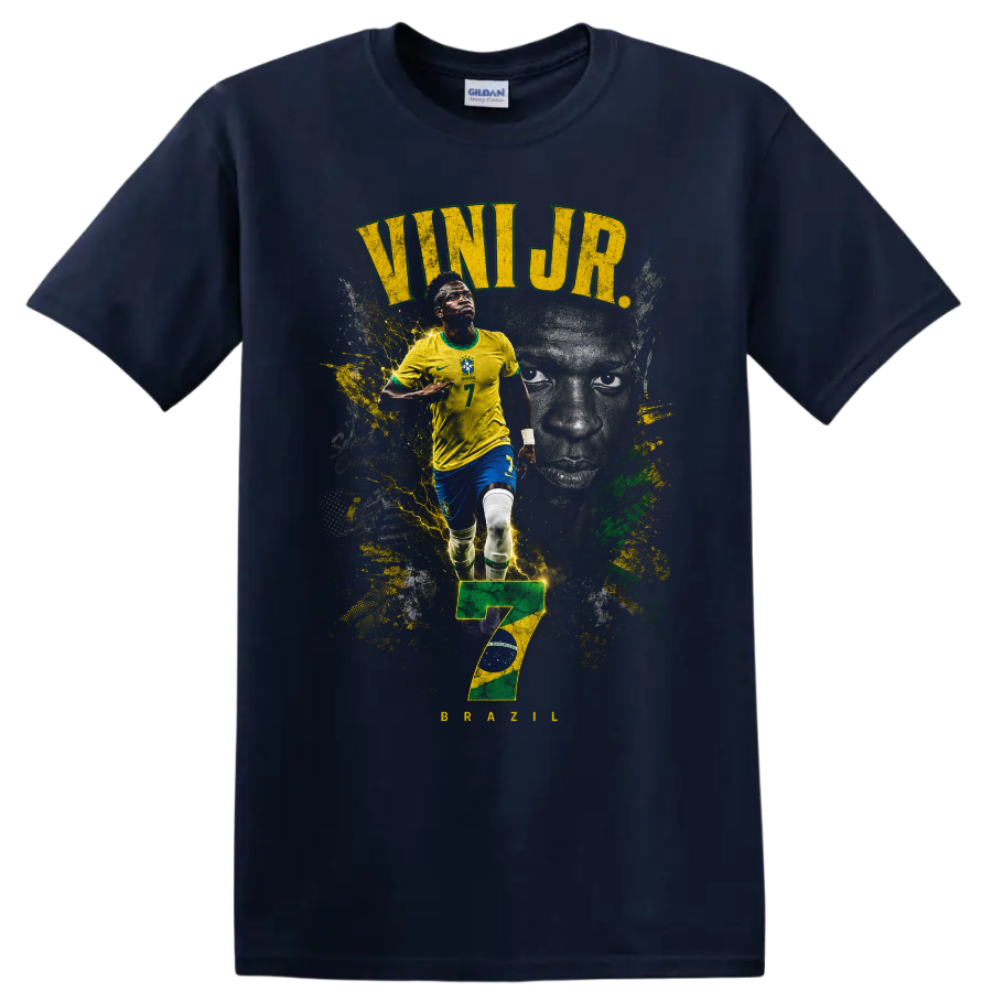 Vinícius Júnior Brazil soccer graphic with VINI JR. text and number 7 on a Navy (Blue) T Shirt