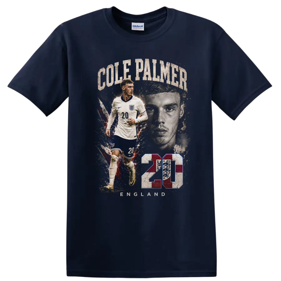 Cole Palmer England soccer Graphic print with number 20 and portrait on a Navy (Blue) T Shirt