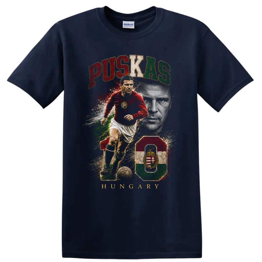 Ferenc Puskás Hungary soccer graphic with portrait, action pose, and number 10 on a Navy (Blue) T Shirt