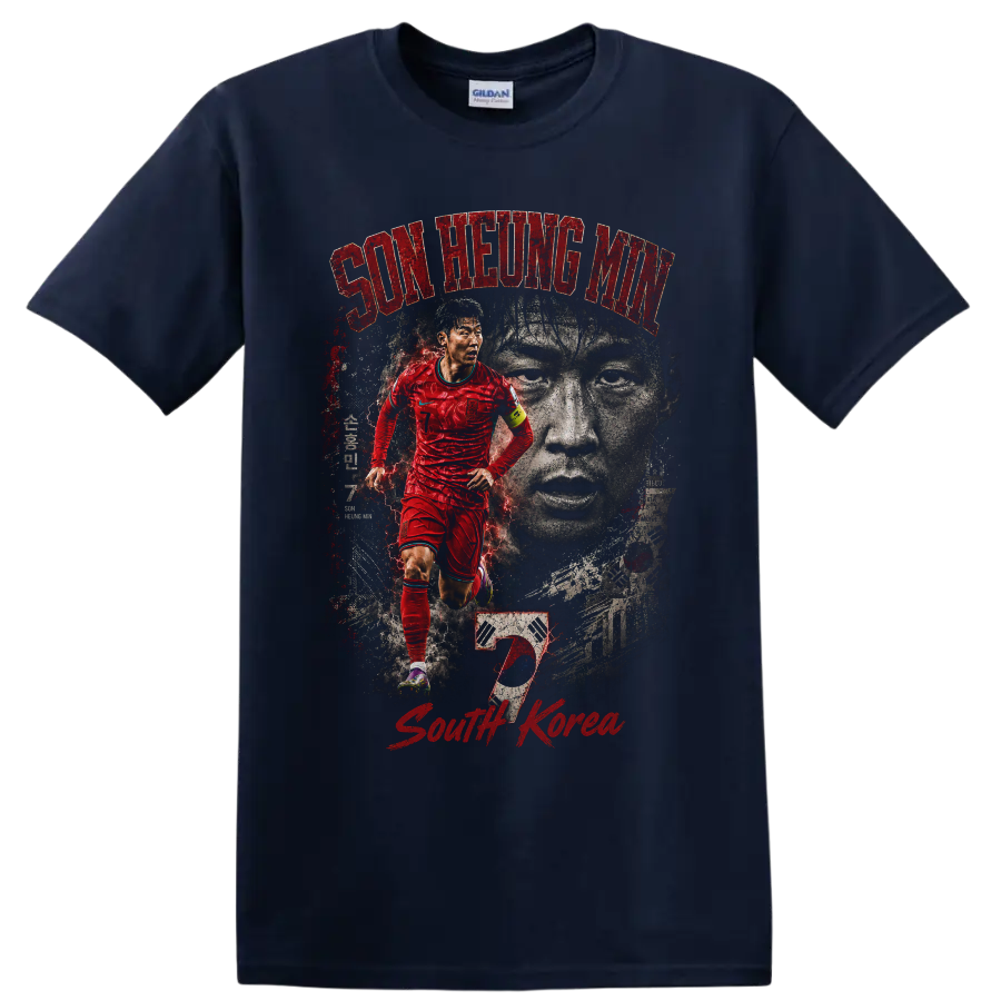 Son Heung-min South Korea distressed soccer graphic with portrait and flag on a Navy (Blue) T Shirt