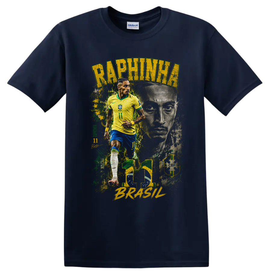 Raphinha Brazil soccer collage with action pose and portrait on a Navy (Blue) T Shirt