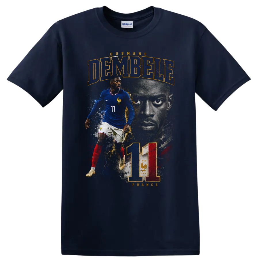 Ousmane Dembélé France soccer graphic with DEMBÉLÉ and number 11 on a Navy (Blue) T Shirt