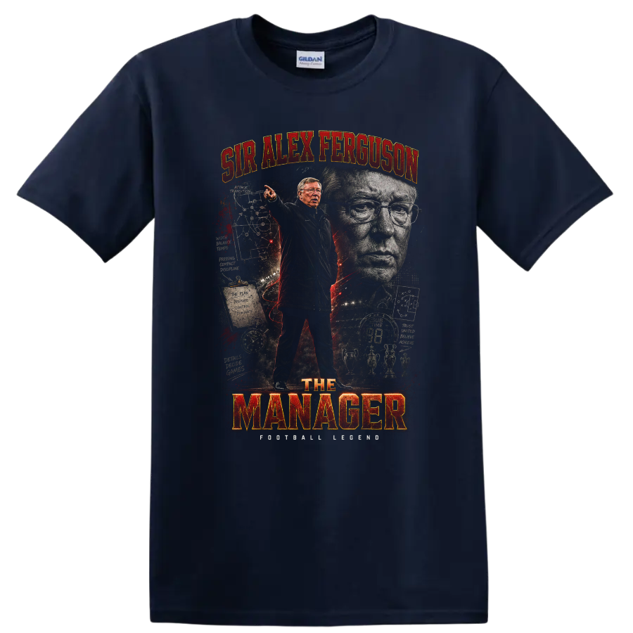 Sir Alex Ferguson Manchester United manager graphic with red and gold lettering on a Navy (Blue) T Shirt