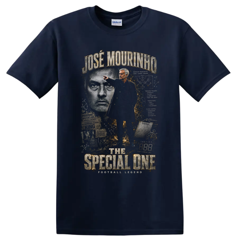 José Mourinho Real Madrid soccer coach portrait with The Special One text on a Navy (Blue) T Shirt