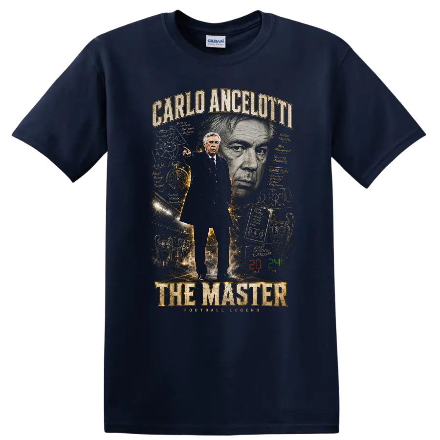 Carlo Ancelotti The Master soccer coach portrait graphic print on a Navy (Blue) T Shirt