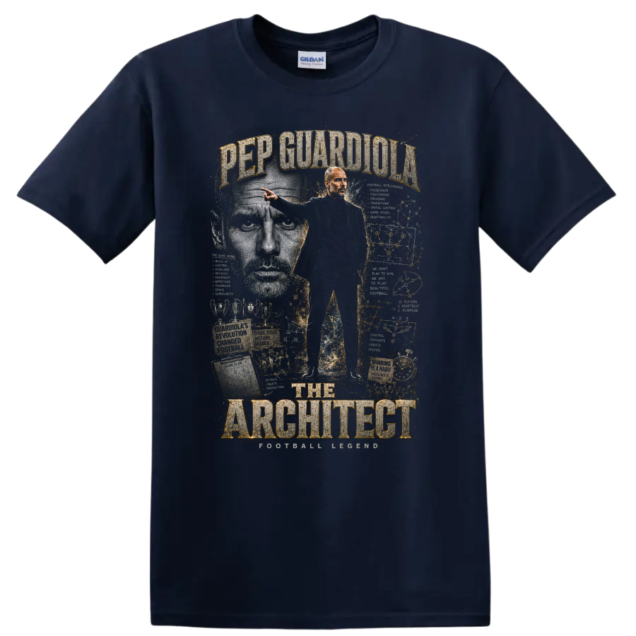 Pep Guardiola Manchester City tactical collage with The Architect text on a Navy (Blue) T Shirt