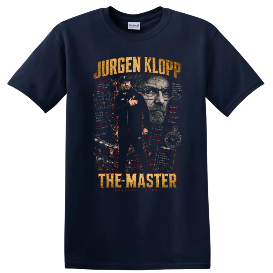 Jürgen Klopp Liverpool FC soccer coach collage with The Master text on a Navy (Blue) T Shirt