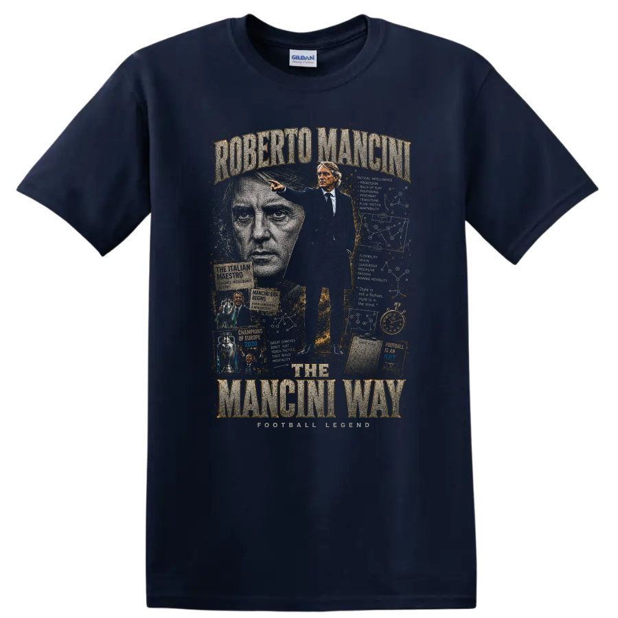 Roberto Mancini Italy soccer coach collage with The Mancini Way text on a Navy (Blue) T Shirt
