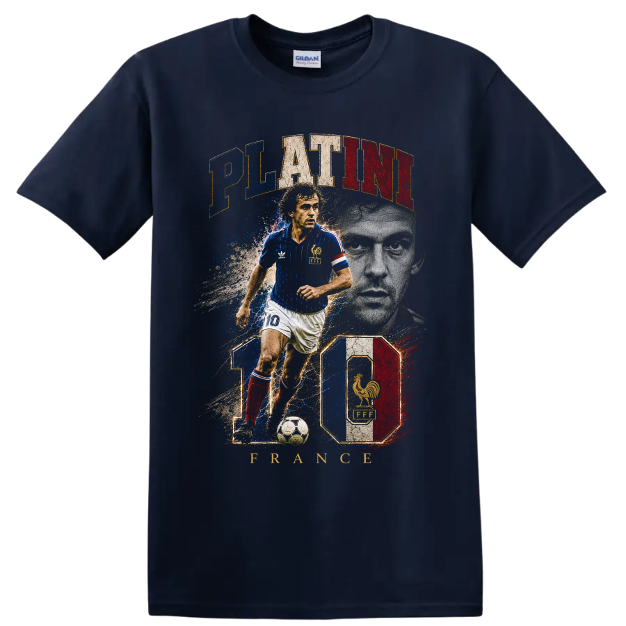 Michel Platini France soccer player vintage graphic with PLATINI text on a Navy (Blue) T Shirt