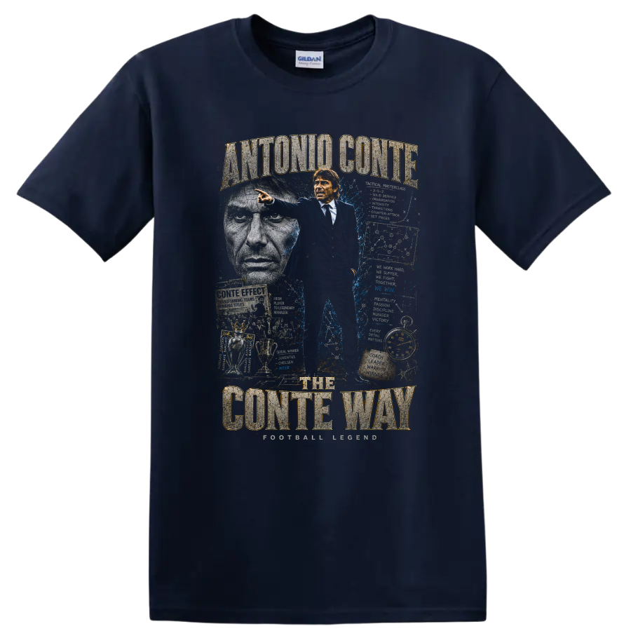 Antonio Conte The Conte Way soccer coach collage graphic print on a Navy (Blue) T Shirt
