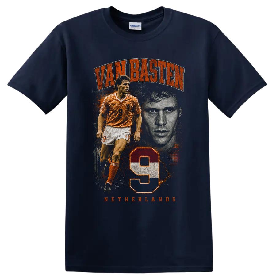Marco van Basten Netherlands number 9 distressed soccer portrait design on a Navy (Blue) T Shirt