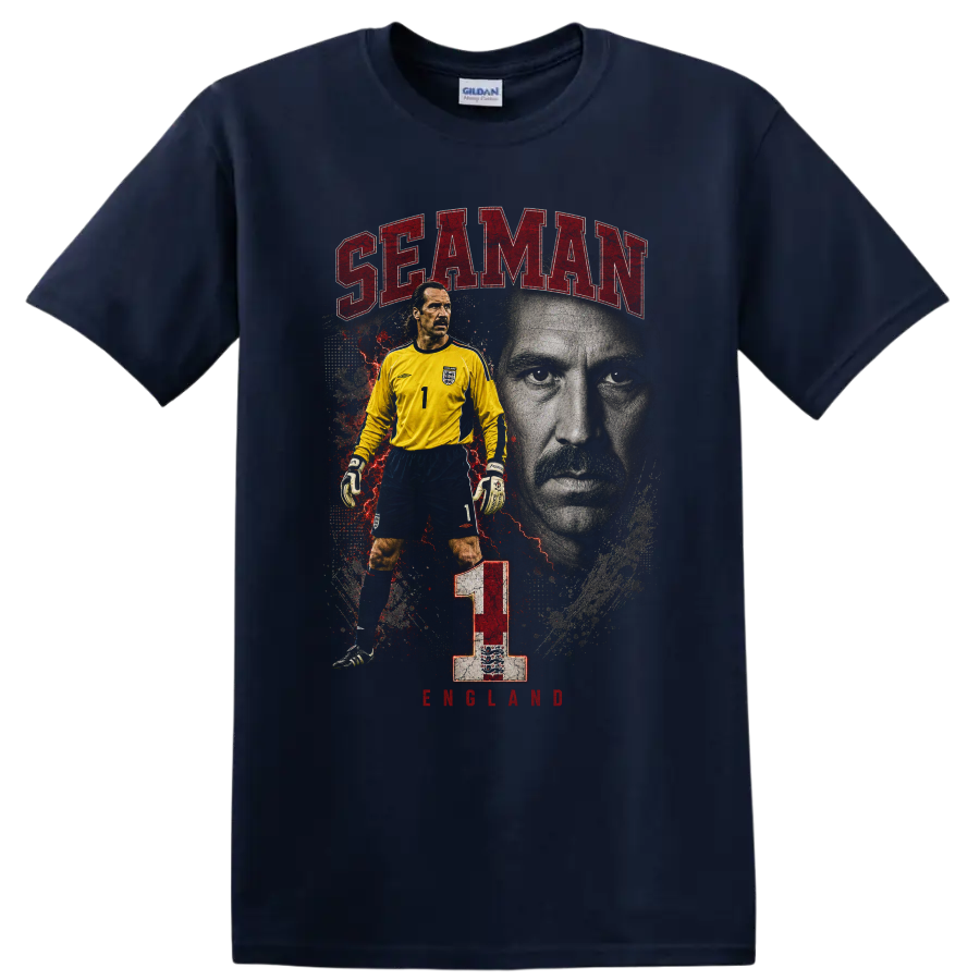 David Seaman Arsenal goalkeeper retro soccer portrait with number 1 on a Navy (Blue) T Shirt