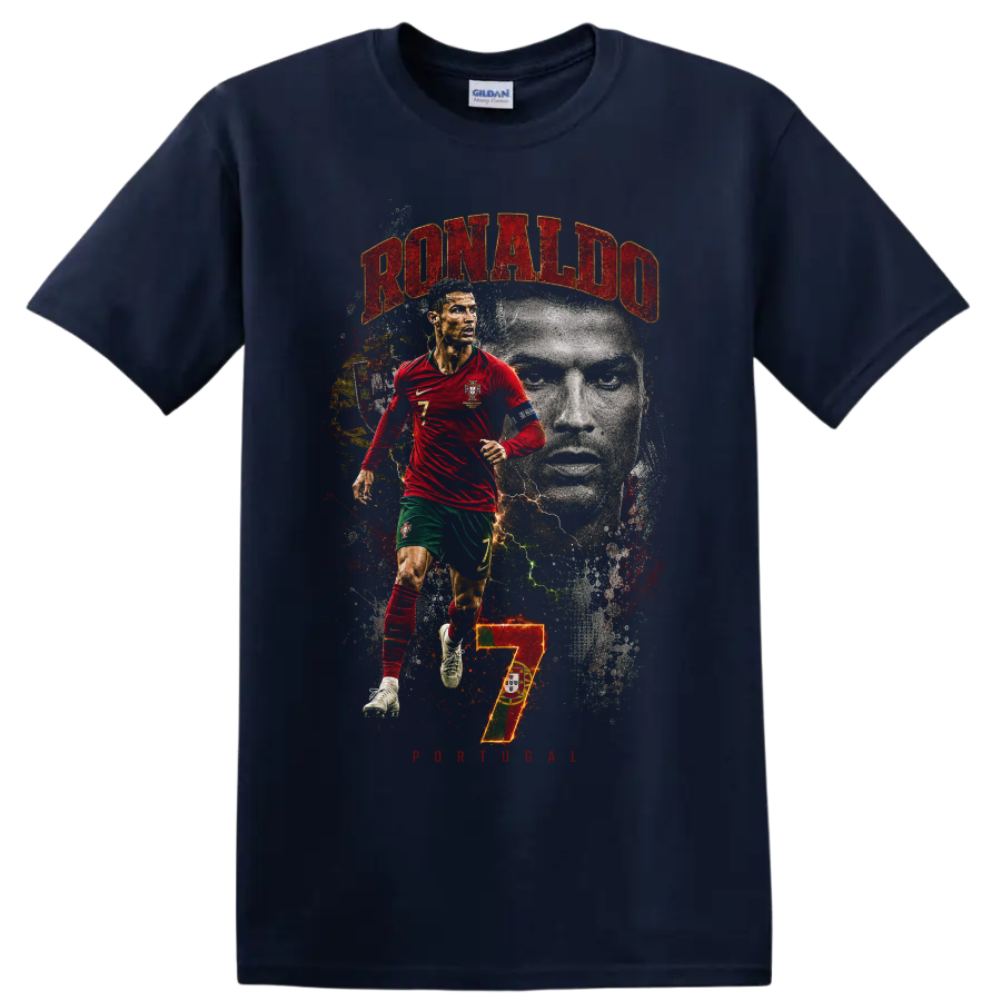 Cristiano Ronaldo Portugal soccer graphic with RONALDO and number 7 on a Navy (Blue) T Shirt