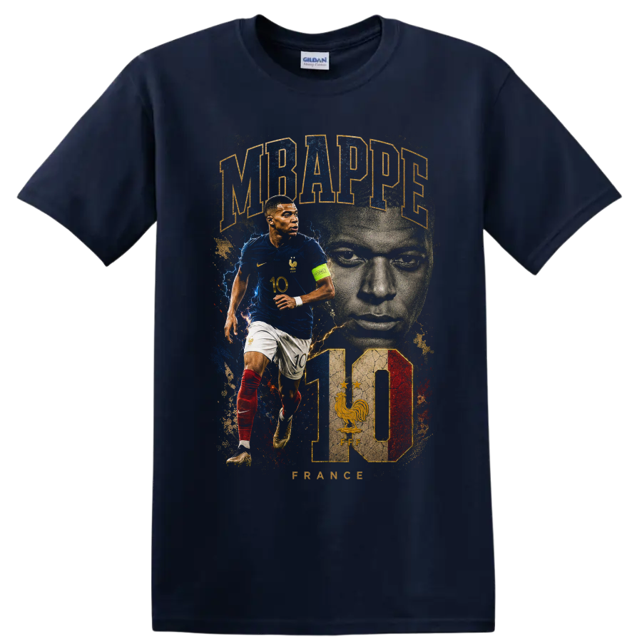Kylian Mbappé France soccer action portrait graphic with number 10 on a Navy (Blue) T Shirt