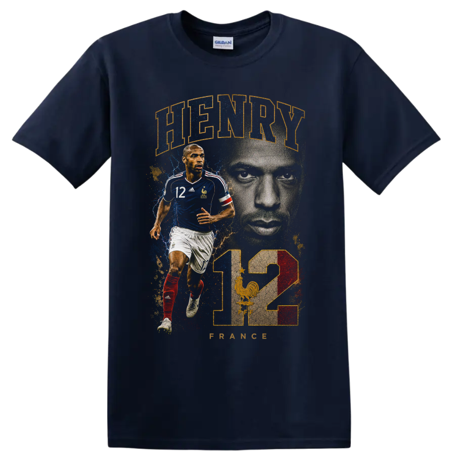 Thierry Henry France soccer tribute graphic with number 12 on a Navy (Blue) T Shirt