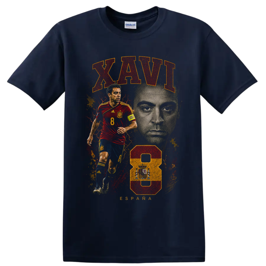 Xavi Hernández Spain soccer tribute graphic with portrait and number 8 on a Navy (Blue) T Shirt
