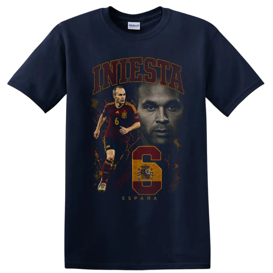 Xavi Hernández Spain soccer action portrait graphic print on a Navy (Blue) T Shirt