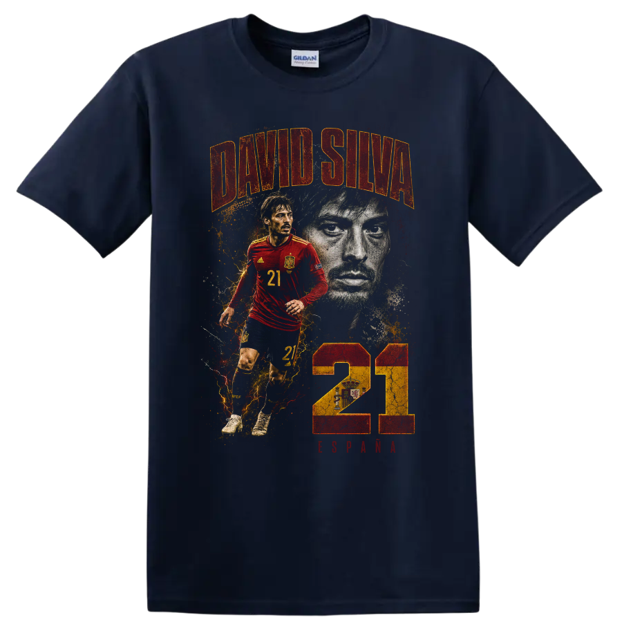 David Silva Spain soccer portrait and action graphic with number 21 on a Navy (Blue) T Shirt