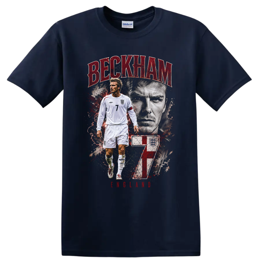 David Beckham England number 7 soccer portrait graphic on a Navy (Blue) T Shirt