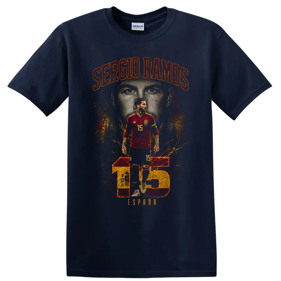 Sergio Ramos Spain soccer portrait with name and number 15 graphic on a Navy (Blue) T Shirt