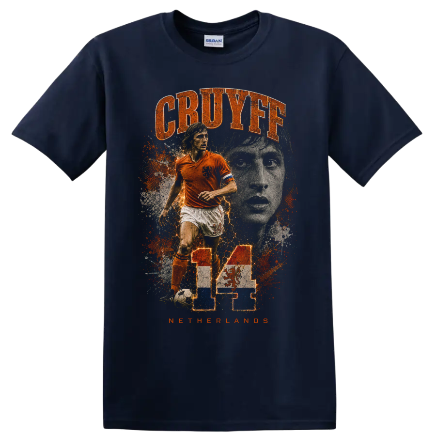 Johan Cruyff Netherlands soccer collage with CRUYFF and number 14 on a Navy (Blue) T Shirt
