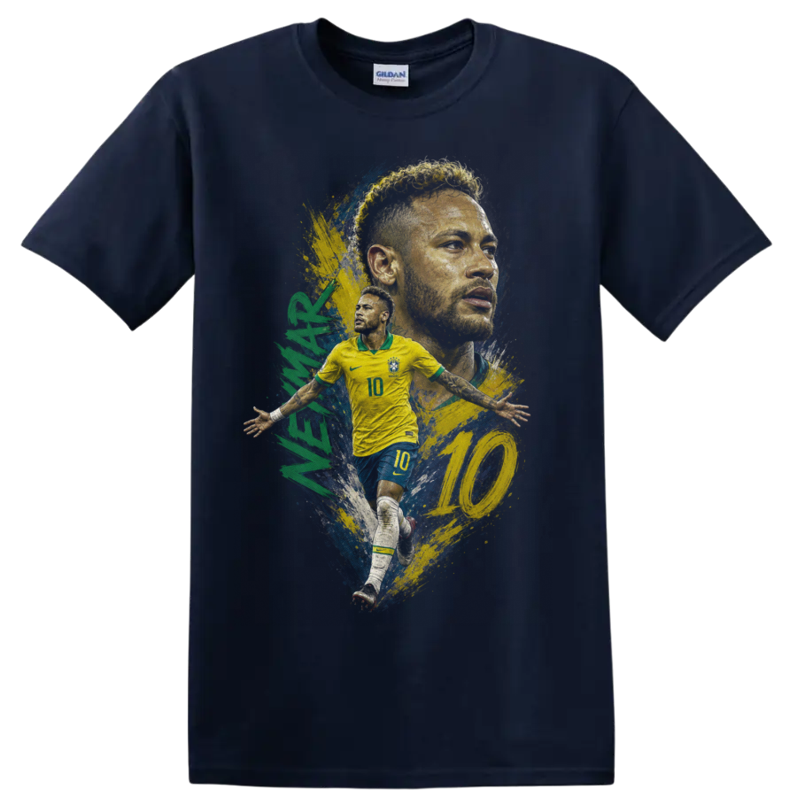 Neymar Brazil soccer player number 10 portrait and action graphic on a Navy (Blue) T Shirt
