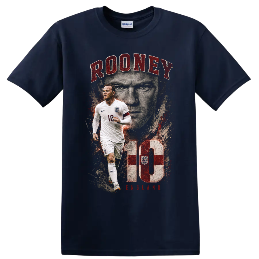 Wayne Rooney England soccer graphic with portrait and number 10 on a Navy (Blue) T Shirt