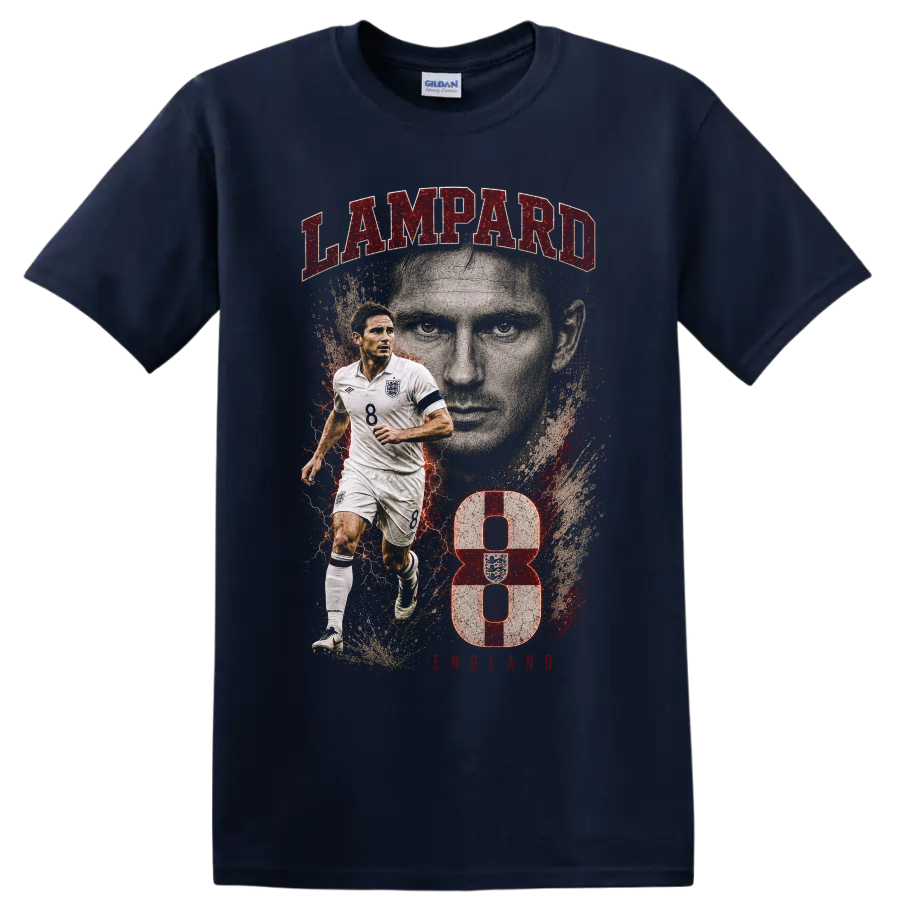 Frank Lampard England soccer portrait graphic with LAMPARD text and number 8 on a Navy (Blue) T Shirt