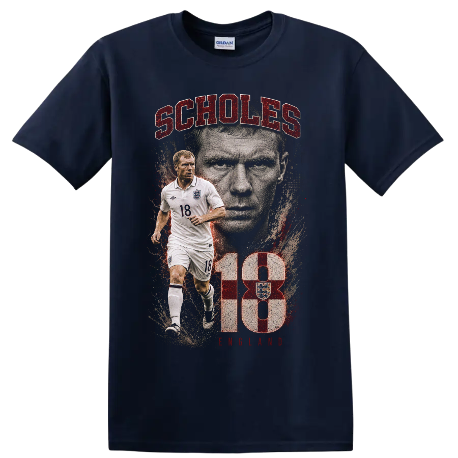 Paul Scholes England soccer portrait graphic with SCHOLES text on a Navy (Blue) T Shirt