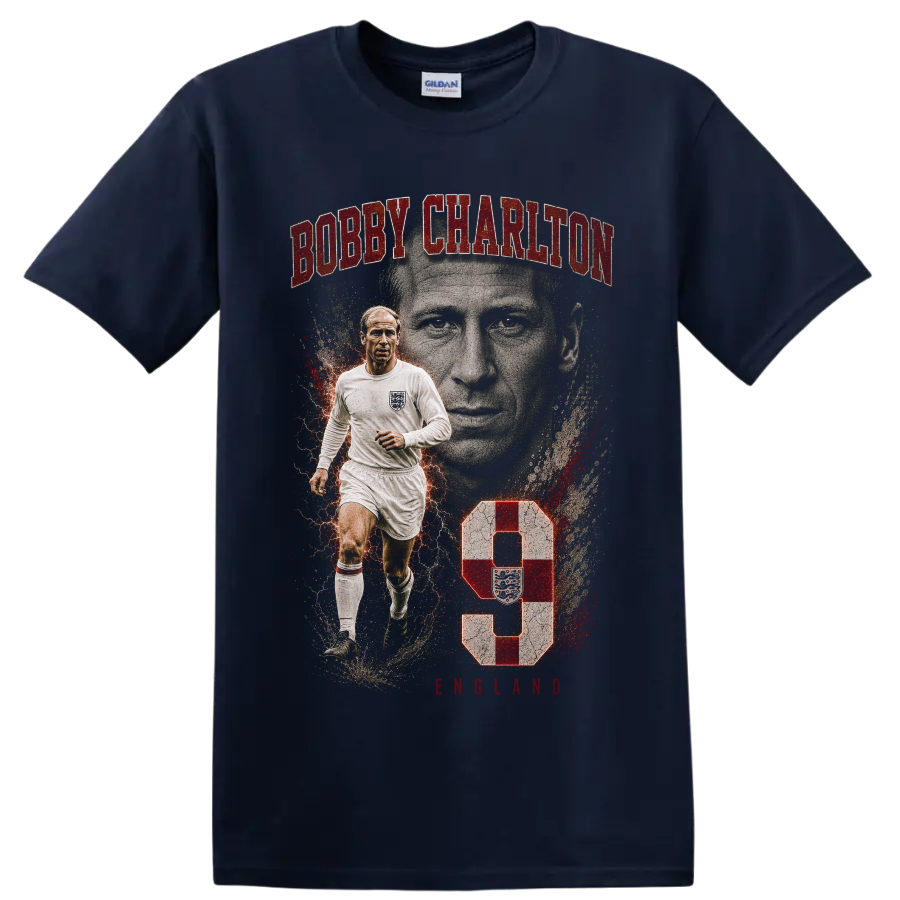 Bobby Charlton vintage soccer portrait graphic with England kit and number 9 on a Navy (Blue) T Shirt